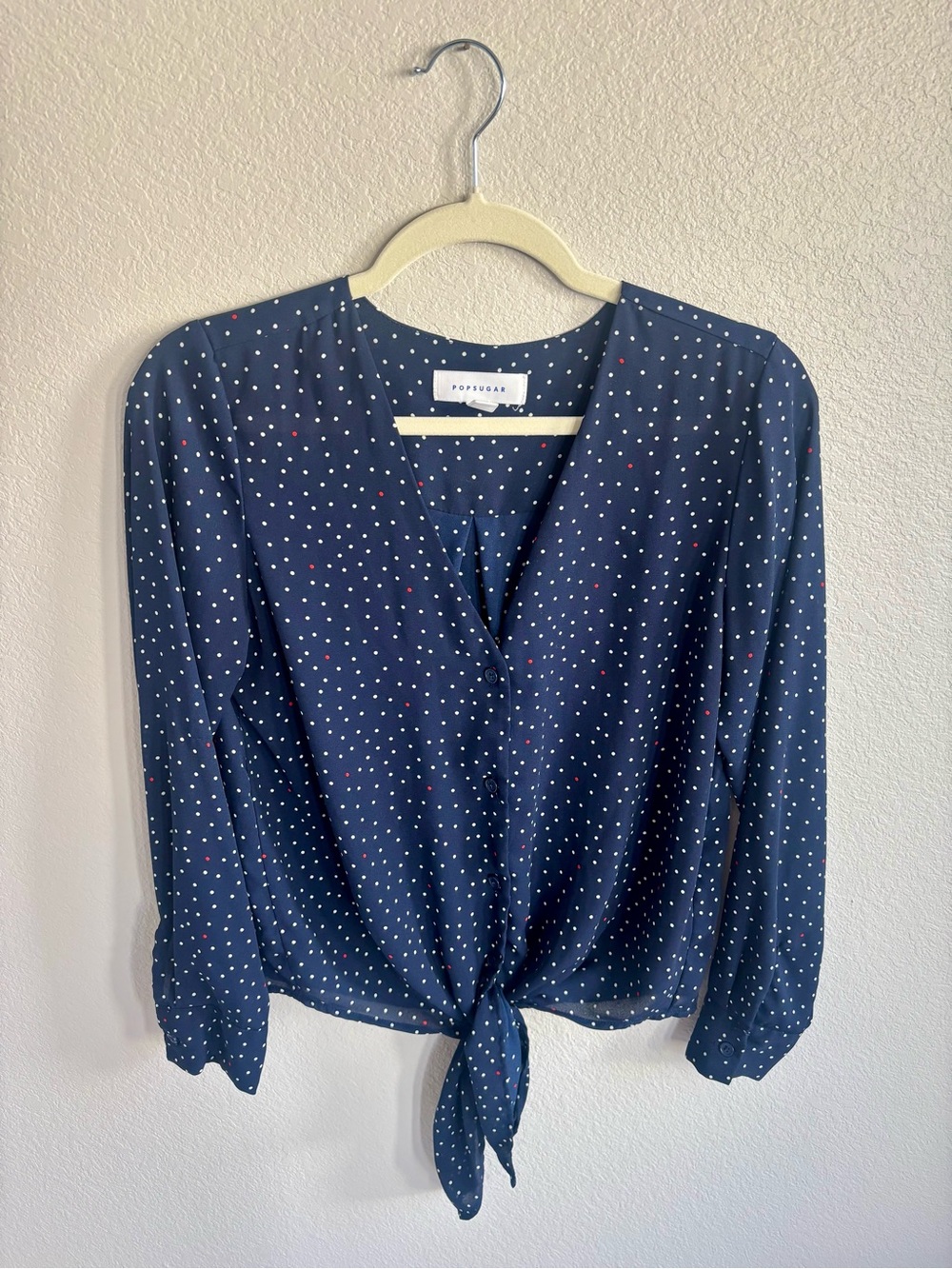 Navy Polka Dot Button Down Blouse w/ Tie